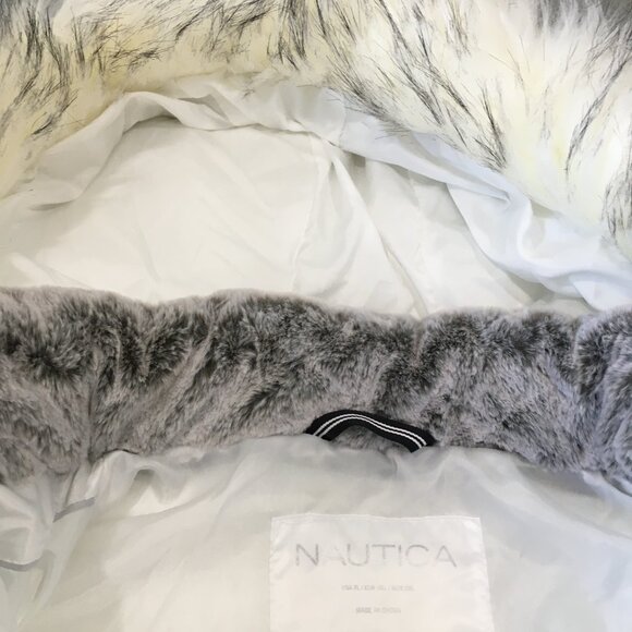 NAUTICA White Black Trim Zip Pockets Removable Fur Hood Puffer Jacket - Picture 7 of 13